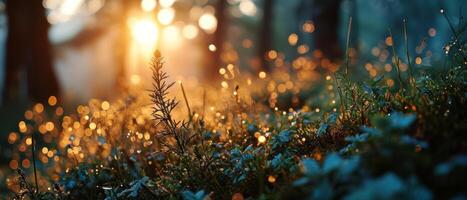 AI generated Sunset light streams through a forest, casting a golden glow on the dew-covered underbrush and creating a magical bokeh effect photo