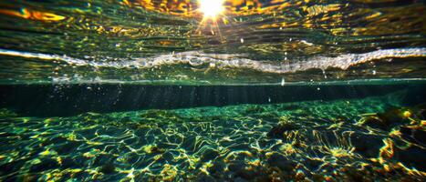 ai generado luz de sol bailes mediante agua creando un fascinante modelo de ligero y sombra submarino foto