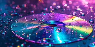 ai generado reflexivo discos compactos con agua gotas foto