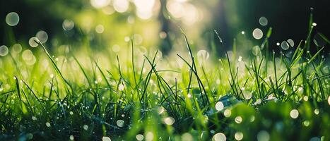 AI generated Early morning light catches the dew drops on lush green grass, creating a tranquil and refreshing scene photo