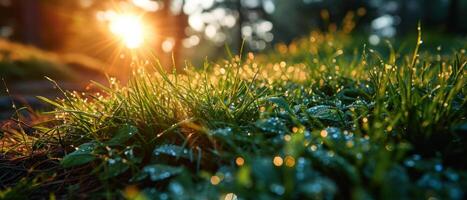 AI generated Early morning dew clings to fresh green grass with the sunrise filtering through a peaceful forest clearing photo