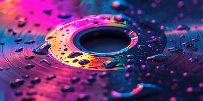 AI generated Macro shot of a compact disc with colorful light refraction and water drops photo