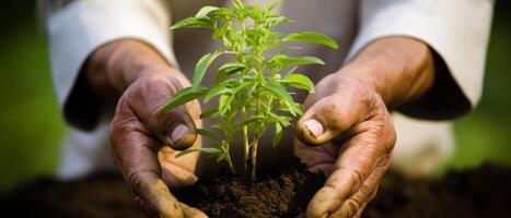 AI generated Elderly Hands Planting Basil Seedling photo