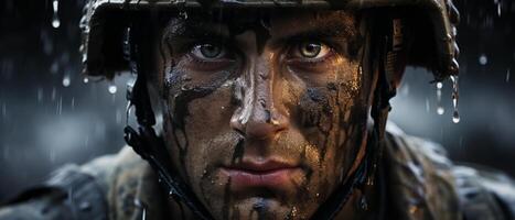 AI generated Soldier's Resilience in the Rain photo