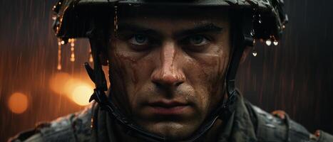 AI generated Soldier's Resilience in the Rain photo
