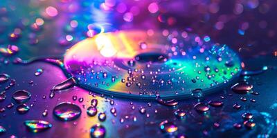 AI generated Macro shot of a compact disc with colorful light refraction and water drops photo