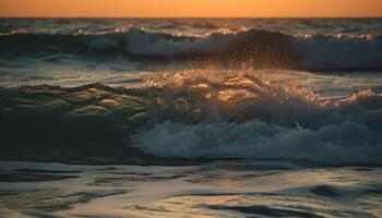 ai generado puesta de sol terminado el tranquilo línea costera, olas salpicaduras en el arenoso playa generado por ai foto