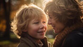 AI generated Smiling boys embrace nature, playfully bonding in warm autumn sunlight generated by AI photo