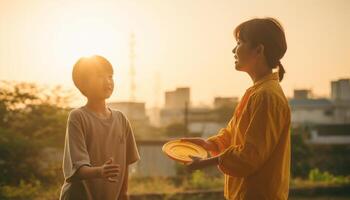 AI generated Two boys playing outdoors, smiling in the sunset warm sunlight generated by AI photo