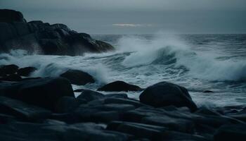 AI generated Breaking waves crash against rocky coastline at dusk, creating a stunning seascape generated by AI photo