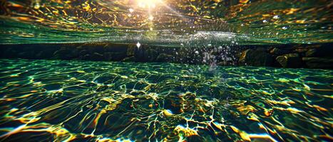 AI generated Sunlight dances through water creating a mesmerizing pattern of light and shadow underwater photo