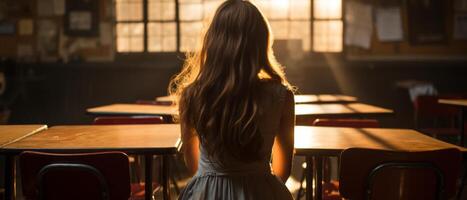 AI generated Solitary Girl in Sunlit Classroom photo