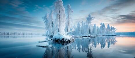 ai generado escarchado amanecer a Nevado lago foto