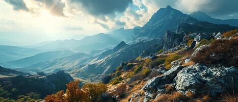 ai generado dentado montaña picos creciente encima dorado otoño follaje foto