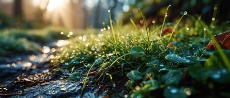 AI generated Sunrise illuminates the morning dew on a bed of clover and grass photo