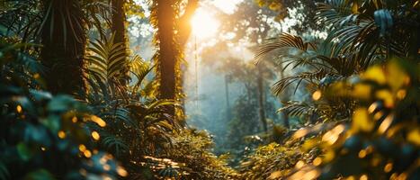 AI generated Sunbeams pierce the dense foliage of a lush tropical jungle photo