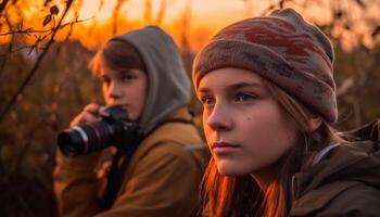 ai generado joven adultos sonriente, capturar puesta de sol en bosque generado por ai foto