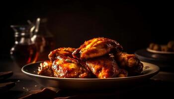 ai generado A la parrilla pollo alas en un rústico de madera mesa, Listo a comer generado por ai foto