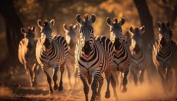 AI generated Zebra herd in African savannah, standing in a row, majestic generated by AI photo