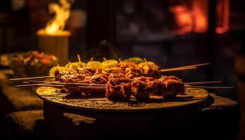 AI generated Grilled skewers of meat on fire, a delicious barbecue feast generated by AI photo