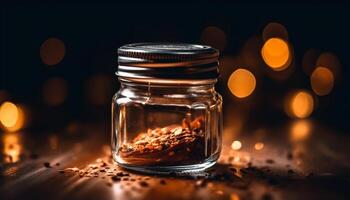 AI generated Close up drink on table, wood background, dark jar, night flame generated by AI photo