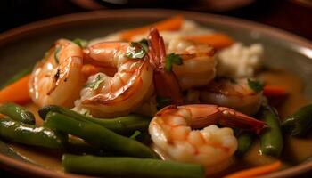 AI generated Grilled seafood plate with fresh prawn, healthy salad, and vegetables generated by AI photo