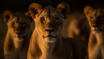 AI generated Majestic lioness walking in the wilderness, staring with alertness generated by AI photo