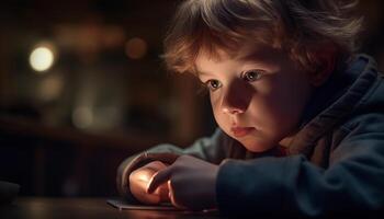 AI generated A cute blond toddler sitting at a table, looking indoors generated by AI photo