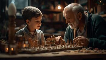 ai generado mayor hombres y Niños unión, jugando ajedrez, disfrutando Jubilación juntos generado por ai foto
