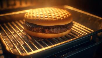 ai generado A la parrilla hamburguesa en un caliente parrilla, Listo para un picnic generado por ai foto