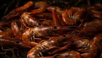 ai generado Fresco Mariscos comida, sano gastrónomo cocinando, A la parrilla gamba en plato generado por ai foto