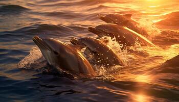 ai generado juguetón delfines salpicaduras en el azul agua a puesta de sol generado por ai foto