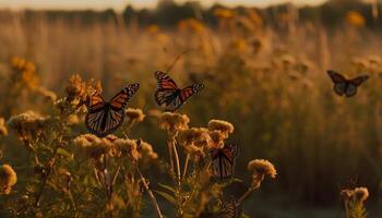 AI generated A vibrant butterfly in nature, flying amidst meadow grass generated by AI photo