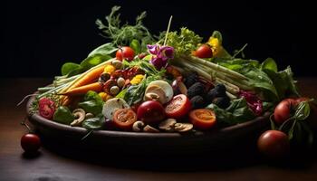 AI generated Fresh, healthy salad with organic vegetables on a wooden bowl generated by AI photo