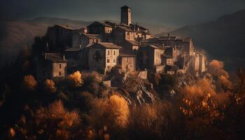 ai generado noche caídas en un antiguo, escalofriante, medieval ruina en el montañas generado por ai foto