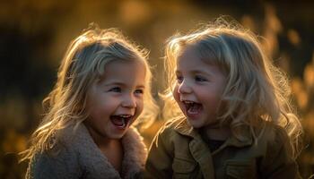 ai generado sonriente niño jugando al aire libre, disfrutando naturaleza con alegre hermano generado por ai foto