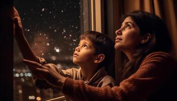 ai generado sonriente Niños jugando adentro, mirando fuera ventana, disfrutando infancia juntos generado por ai foto