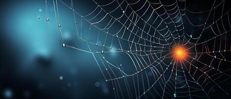 ai generado luminoso araña web en oscuro antecedentes foto