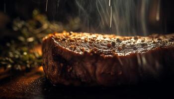 ai generado A la parrilla filete en un rústico mesa, Listo a comer, con No personas generado por ai foto