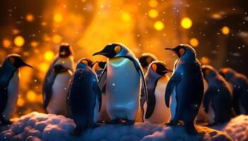 ai generado pingüinos anadeando en nieve, en pie en un fila, explorador naturaleza generado por ai foto