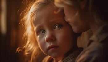 ai generado un linda niño sonriente, abrazando madre, creando un amoroso familia generado por ai foto