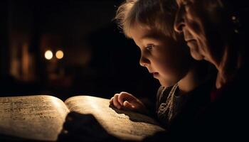 ai generado un linda niño leyendo un libro, aprendizaje adentro con familia generado por ai foto