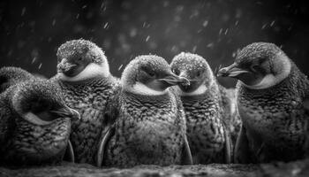 AI generated Small group of cute ducks in the snow, close up portrait generated by AI photo