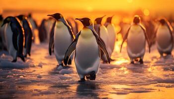 ai generado grupo de pingüinos caminando en un Nevado línea costera a oscuridad generado por ai foto