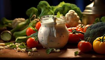 ai generado Fresco orgánico vegetales en un rústico de madera mesa para sano comiendo generado por ai foto