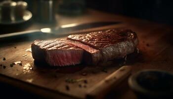 AI generated Grilled steak on rustic wood table, ready to eat, healthy and delicious generated by AI photo