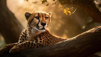 AI generated Majestic cheetah in the wild, staring at sunset, alert and hiding generated by AI photo