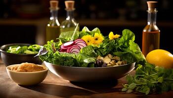 ai generado frescura y sano comiendo en un vegetariano comida, un cuenco de ensalada generado por ai foto