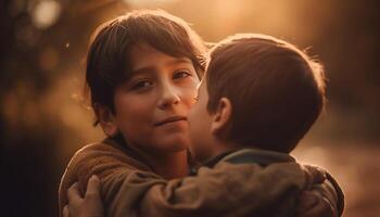 ai generado dos linda caucásico Niños abrazando y sonriente en naturaleza a puesta de sol generado por ai foto