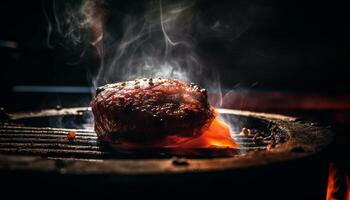 ai generado A la parrilla carne en un caliente carbón, un gastrónomo verano almuerzo generado por ai foto